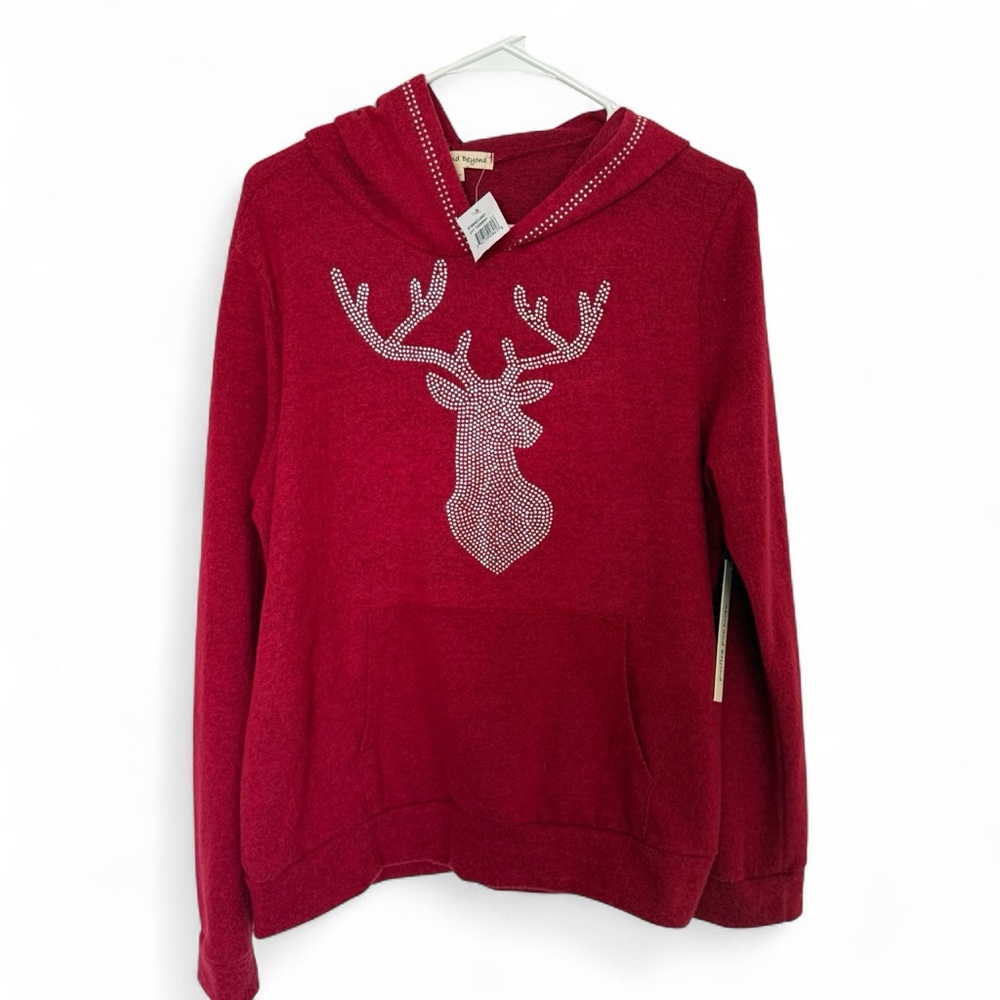 NWT Above & Beyond Red Holidays Fleece Hoodie Sparkly Reindeer Design-Size Large